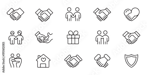 Partnership and trust icons set featuring handshakes family members gifts and protection silhouettes