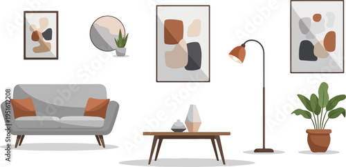 Modern living room with abstract art, sofa, coffee table, and plants