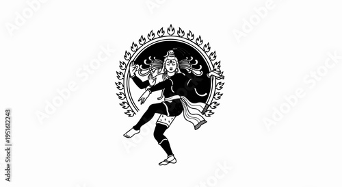 Stylized black and white depiction of a dancing figure within a fiery halo