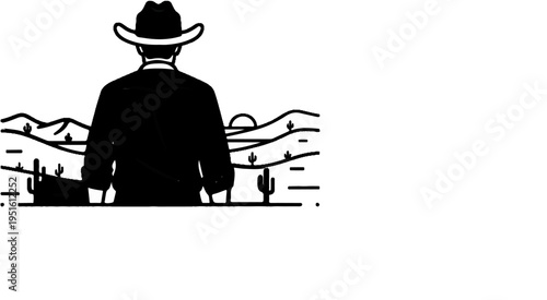 Silhouette of a cowboy facing a desert sunset, with cacti