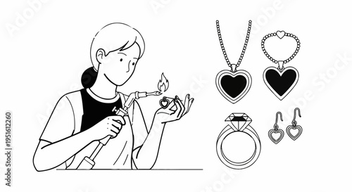 Person working with torch on jewelry, surrounded by jewelry designs