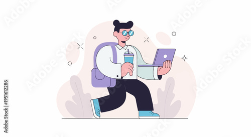 Person with laptop and drink walking outdoors with abstract shapes