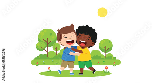 Two young boys, one light-skinned and one dark-skinned, happily embrace on a grassy hill.