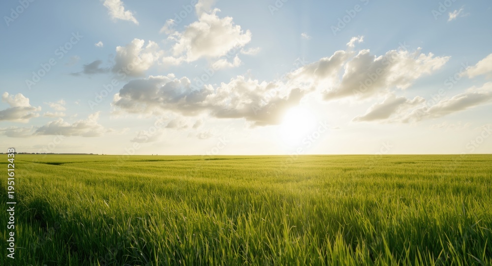 Fototapeta premium Afternoon sun illuminating a wide green grass field with soft white clouds overhead