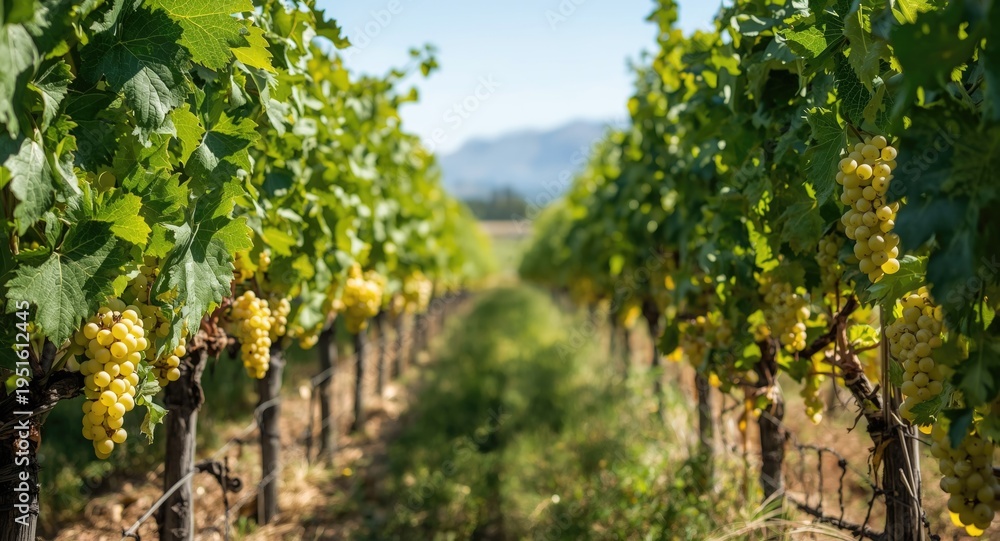 Obraz premium Outdoor vineyard scene with ripe white grapes ready for harvest