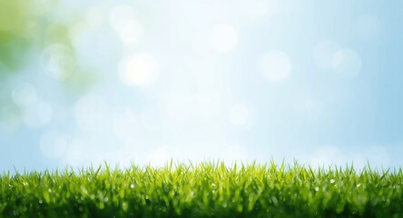 Gentle green bokeh lighting over a grassy meadow with open blue sky for Earth Day