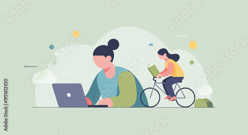 Digital artist depicts two women, one on a laptop and another on a bike
