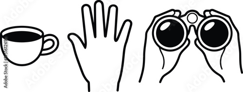 Three graphic icons represent a cup of coffee a raised hand and binoculars held by hands isolated on transparent background