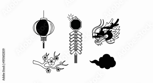 Oriental festive icons lantern, firecrackers, dragon, plum blossom, cloud