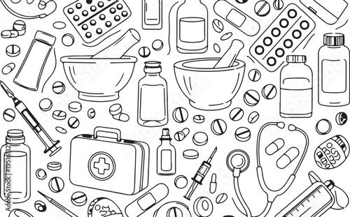 Coloring vector illustration of pharmacy and medicine book page