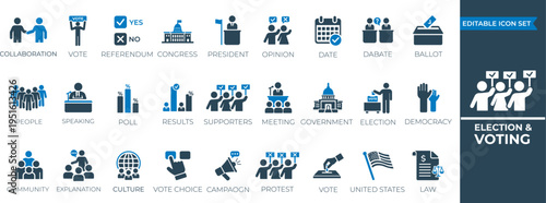 Election and voting icon set. Candidate, option, voting, advertising, country, vote, protest, ticket, speaking, poll, law, best icons collection. Vector illustrator