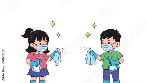 Adorable illustration of a boy and girl, both masked, engaged in cleaning activities, teaching kids about hygiene and germ prevention.