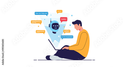 A man sits on the floor using a laptop with a holographic AI robot assistant projection.