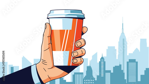 Person's hand holding a takeaway coffee cup in front of a blue city landscape, representing a busy urban life and daily commute.