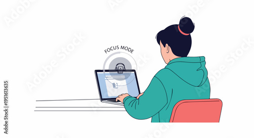 Illustration of a focused young woman in 'focus mode' working on a laptop, symbolizing productivity, remote work, and concentration.
