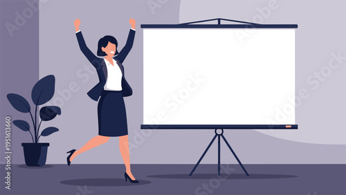 Happy female professional jumping excitedly in an office setting with a large empty projection screen, symbolizing achievement and triumph.