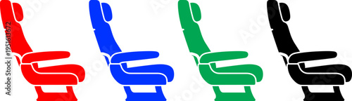 Passenger airplane seats red blue green and black in row inside cabin