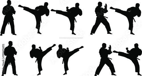 Karate martial arts silhouettes set, fighter performing high kicks and combat stances collection, black vector illustration isolated on white background
