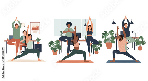 Diverse group of people practicing yoga in a modern office setting, promoting wellness and work-life balance.