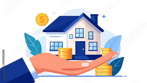 Vector illustration of a hand holding a house with gold coins for real estate investment mortgage and home savings concept.