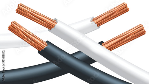 Close up flat vector illustration of copper electrical power cables with black and white insulation for industrial wiring concept.