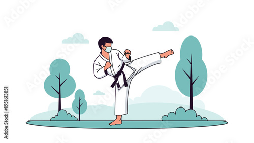 Dynamic illustration of a male martial artist wearing a mask and executing a powerful kick in a peaceful park environment.