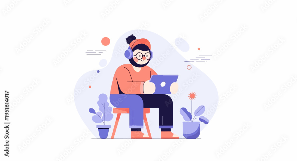 Obraz premium Person in headphones working on a tablet at home with potted plants