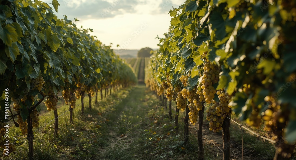 Fototapeta premium Key white grape choices farmed in vineyards for wine