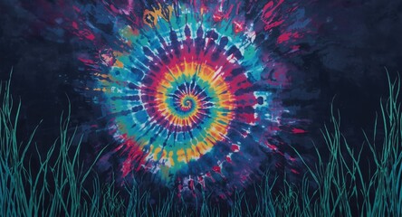 Lively tiedye textile background evoking underwater darkness and grasslike visual elements