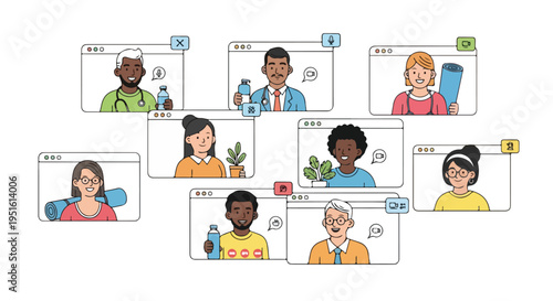 Diverse group of people participating in an online wellness class, promoting health and community engagement