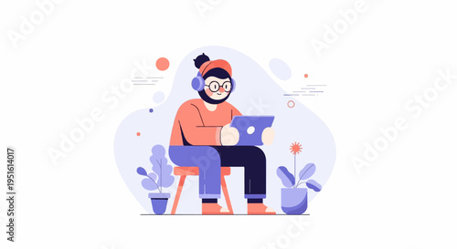Person in headphones working on a tablet at home with potted plants