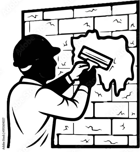 Person in hard hat applies plaster to a brick wall with a trowel