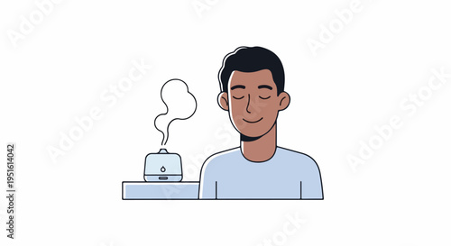 Man relaxing with eyes closed next to an essential oil diffuser emitting steam, promoting wellness and aromatherapy.