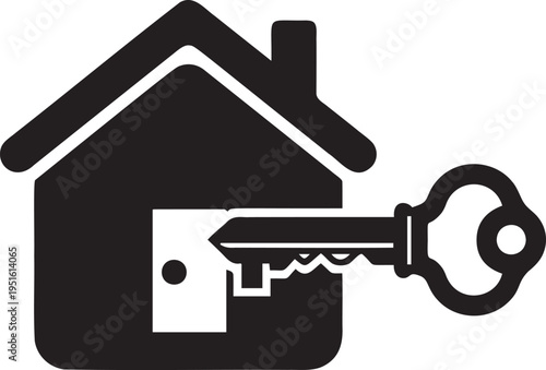 House key icon vector, security home access symbol in black silhouette
