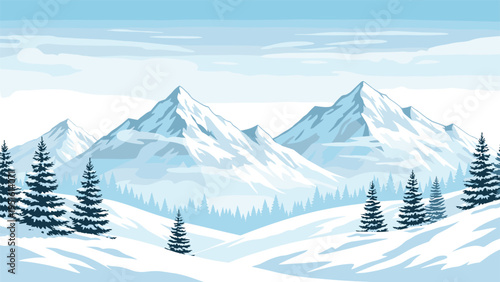 Beautiful pixel art illustration of a serene winter mountain range, featuring snow-capped peaks and evergreen pine trees.