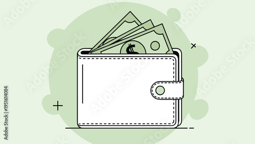 Simple outline illustration of a full wallet bursting with cash, representing rich finances, savings, and economic prosperity.