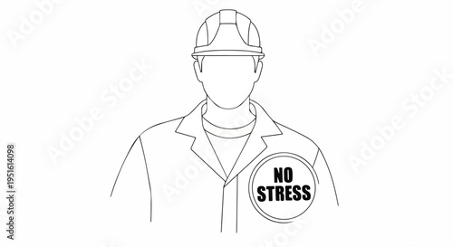 Illustration of a construction worker in a hard hat and safety vest with a "No Stress" symbol on his chest, representing work-life balance and safety.