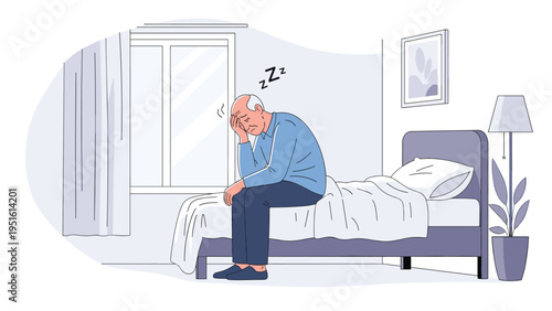 Depressed senior man struggling with sleeplessness, sitting on the edge of his bed, representing fatigue, anxiety, and health concerns.
