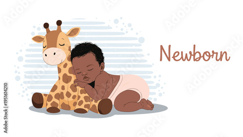 Charming illustration of a tranquil sleeping baby with an African American ethnicity, cuddled up to a soft giraffe plushie.