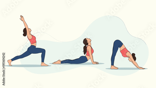 Harmonious illustration of a female practicing a series of foundational yoga asanas, promoting physical strength and mental calm.