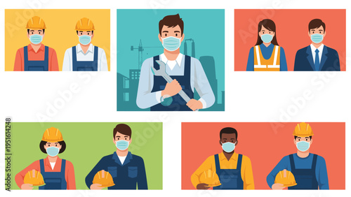 Collection of various masked essential workers, including builders and engineers, emphasizing workplace safety during a global health crisis.