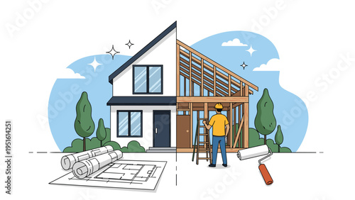 Detailed illustration of a house undergoing construction and renovation, showcasing architectural blueprints and a dedicated builder.