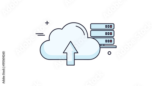 Minimalist illustration of cloud technology, featuring an upload symbol and server data centers, representing remote storage.
