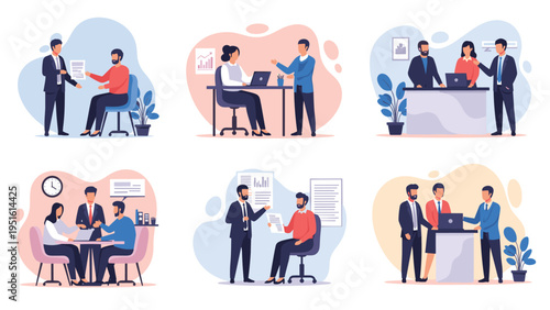 Collection of illustrations depicting professional teams engaging in meetings, presentations, and collaborative discussions in a workspace.