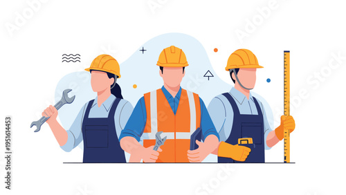 Professional illustration of a team of builders or mechanics in safety gear, equipped with tools, representing the industrial workforce.