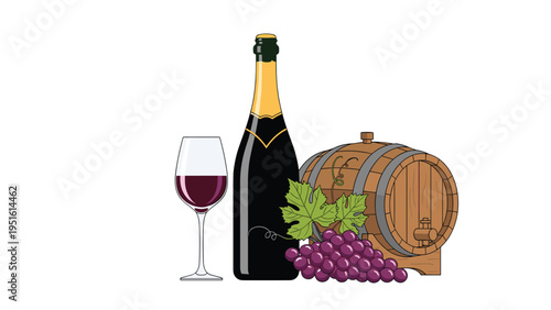 Beautiful still life illustration depicting a rich red wine, a cluster of grapes, and a traditional oak barrel for vintage themes.