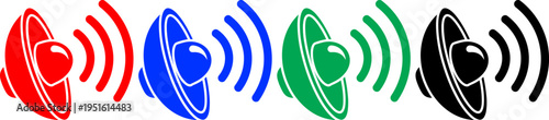 Set of four colored speaker icons broadcasting sound waves on transparent background
