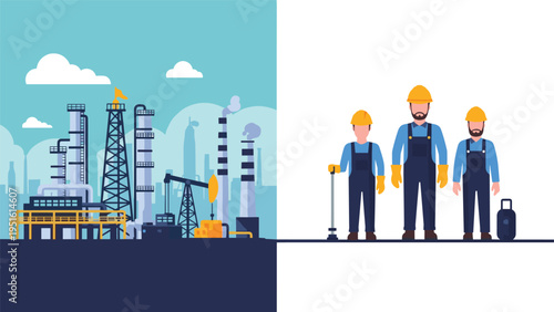 Comprehensive illustration depicting a large oil processing plant and three male laborers, representing the energy sector and its workforce.