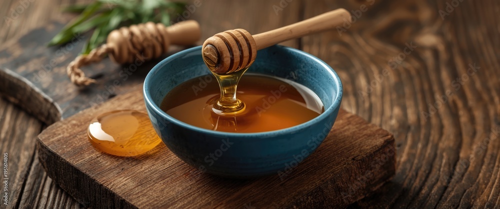 Fototapeta premium Detailed natural hair treatment composition with oils and honey in blue bowl on wooden plank