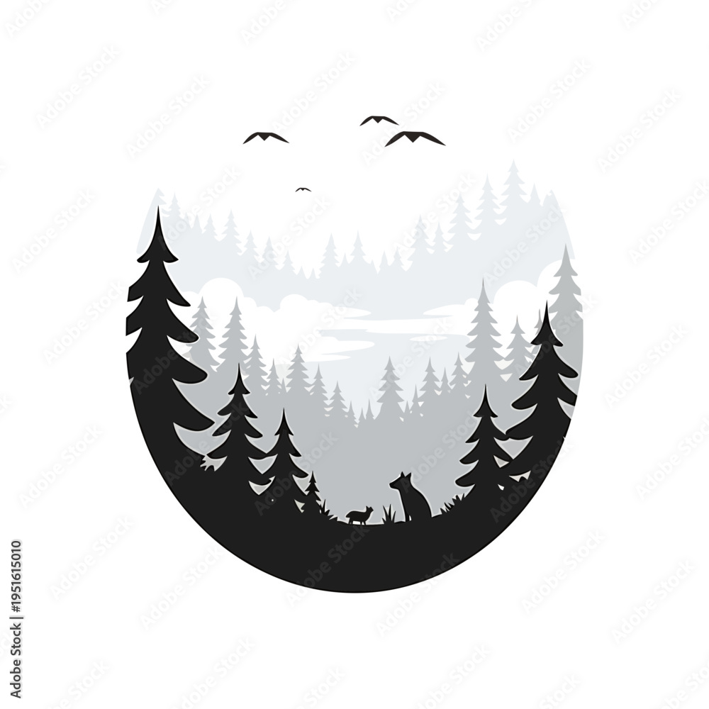 Obraz premium Stylized Forest Scene with Wildlife Silhouette